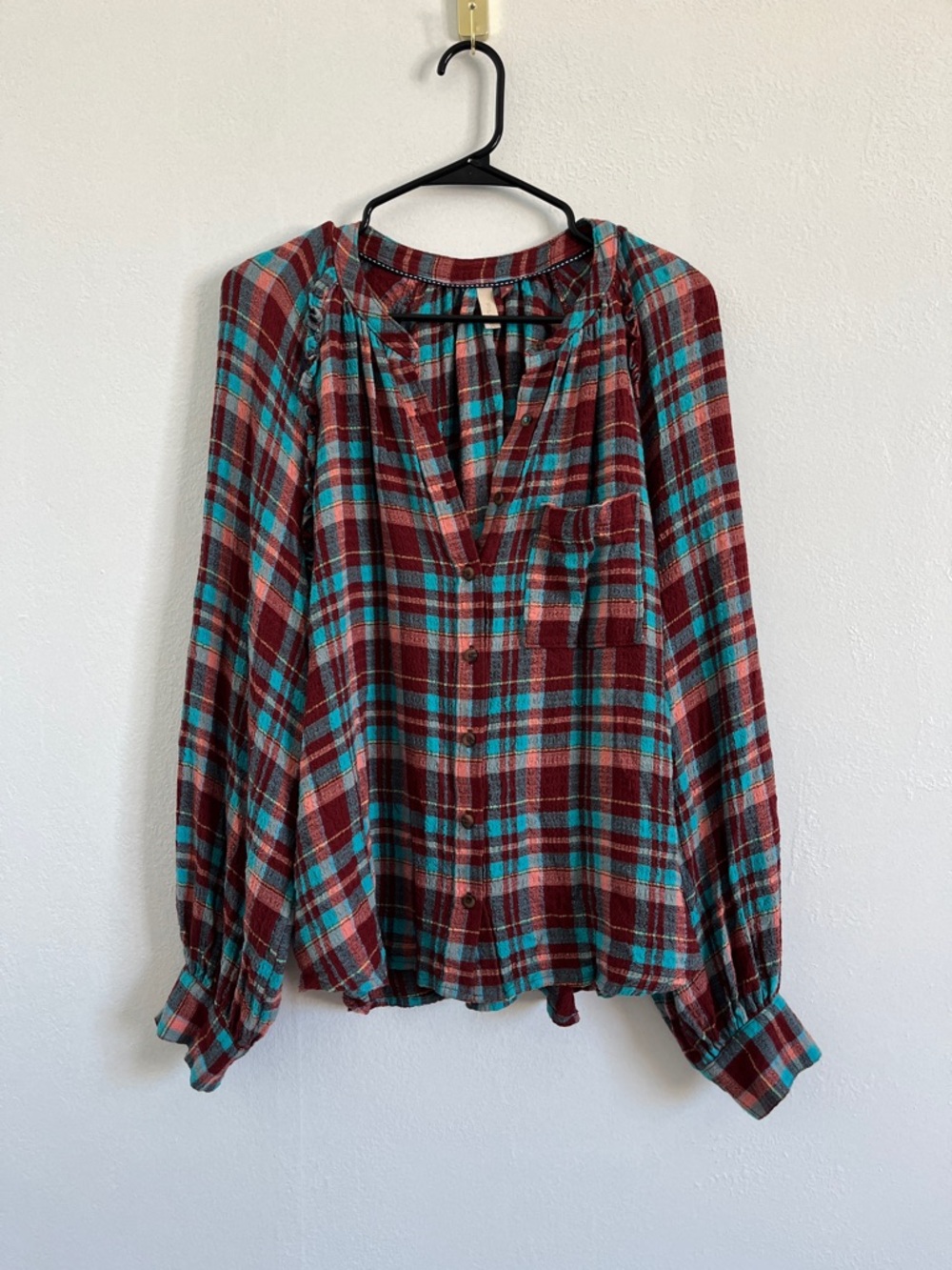 Pilco Plaid Button-Front Women's Top in Burgundy and Teal 1X